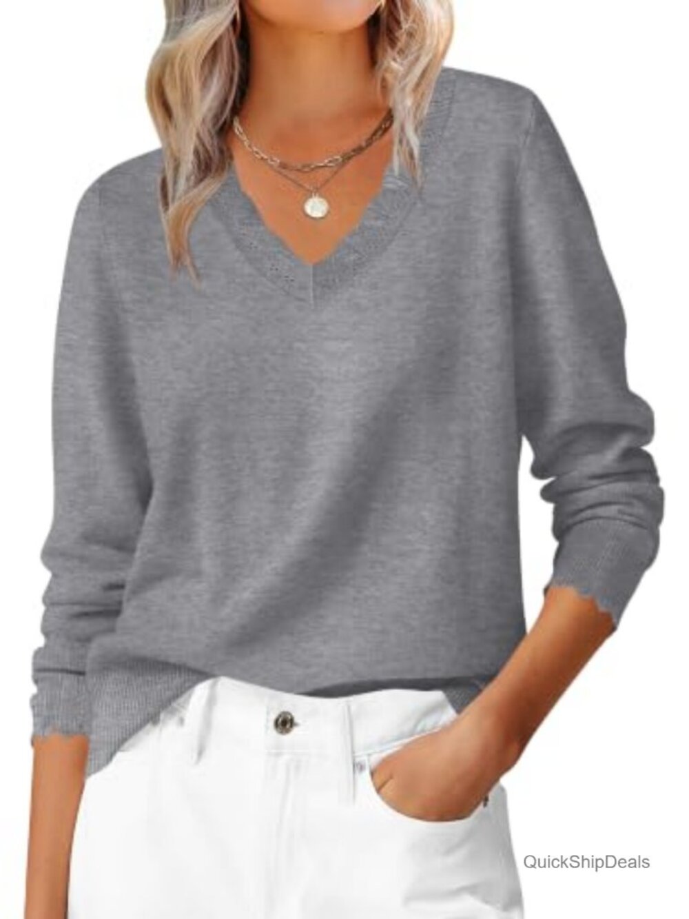 Women's V-Neck Pullover Sweater Long Sleeve Knit Scalloped